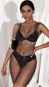 Shein Vavaluxe Rhinestone Sheer Fishing Net Dress without lingerie