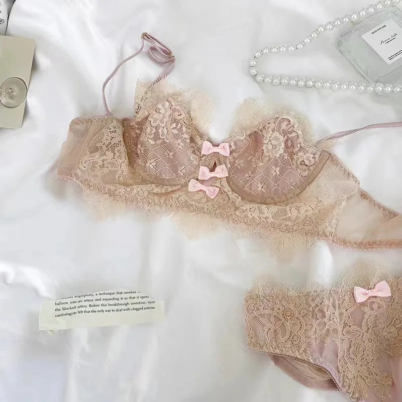 Three Bow Design Net Bra Set