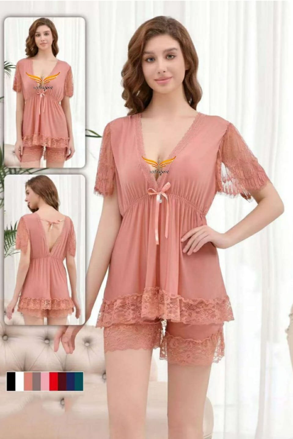 Blush Pink Sheer Baby doll & Lace Shorts Set